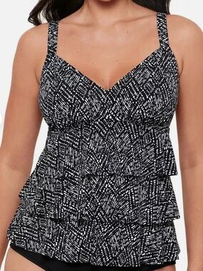 Swim Solutions Black & White Tiered V-Neck Swim Tankini top size 10 NEW